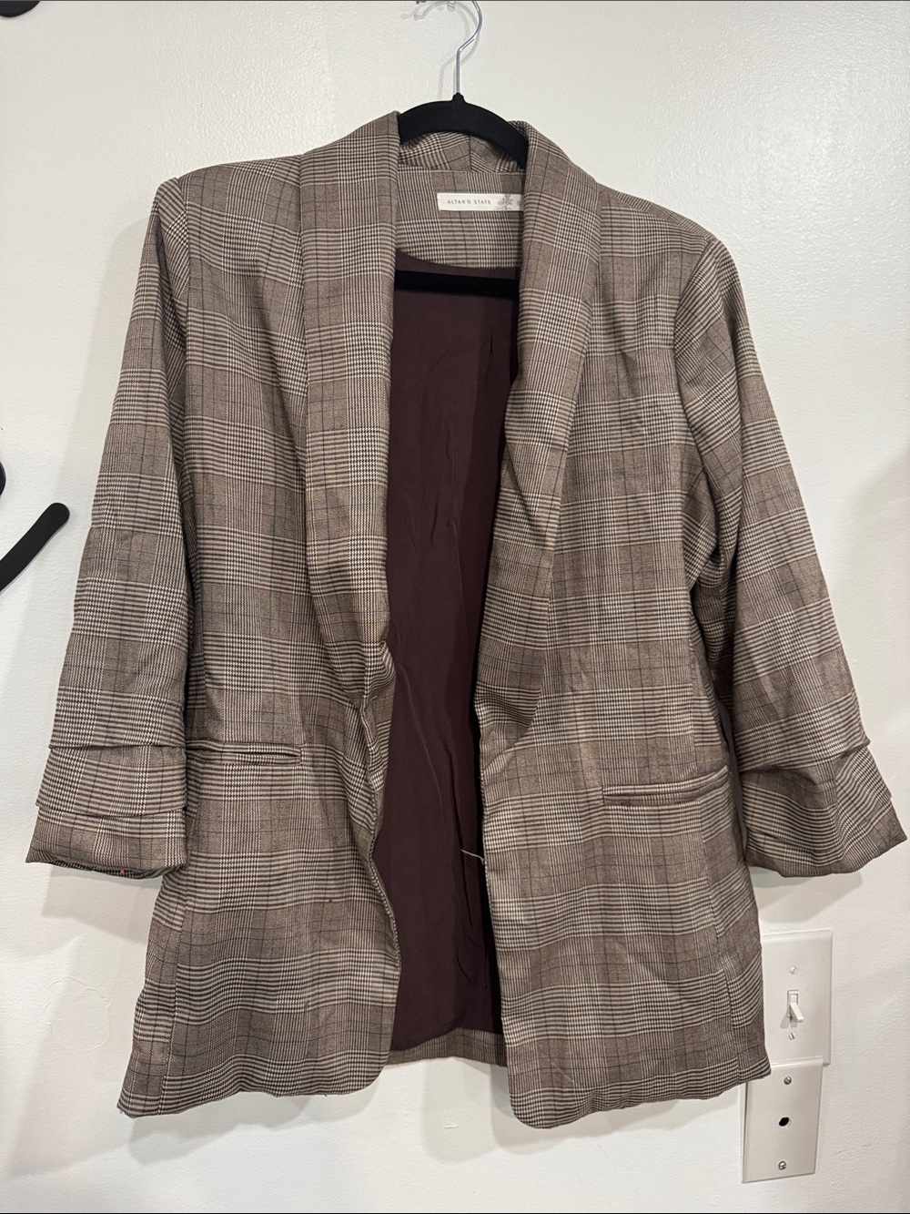 Altar'd State Taupe and Gray Plaid Open-Front Blazer